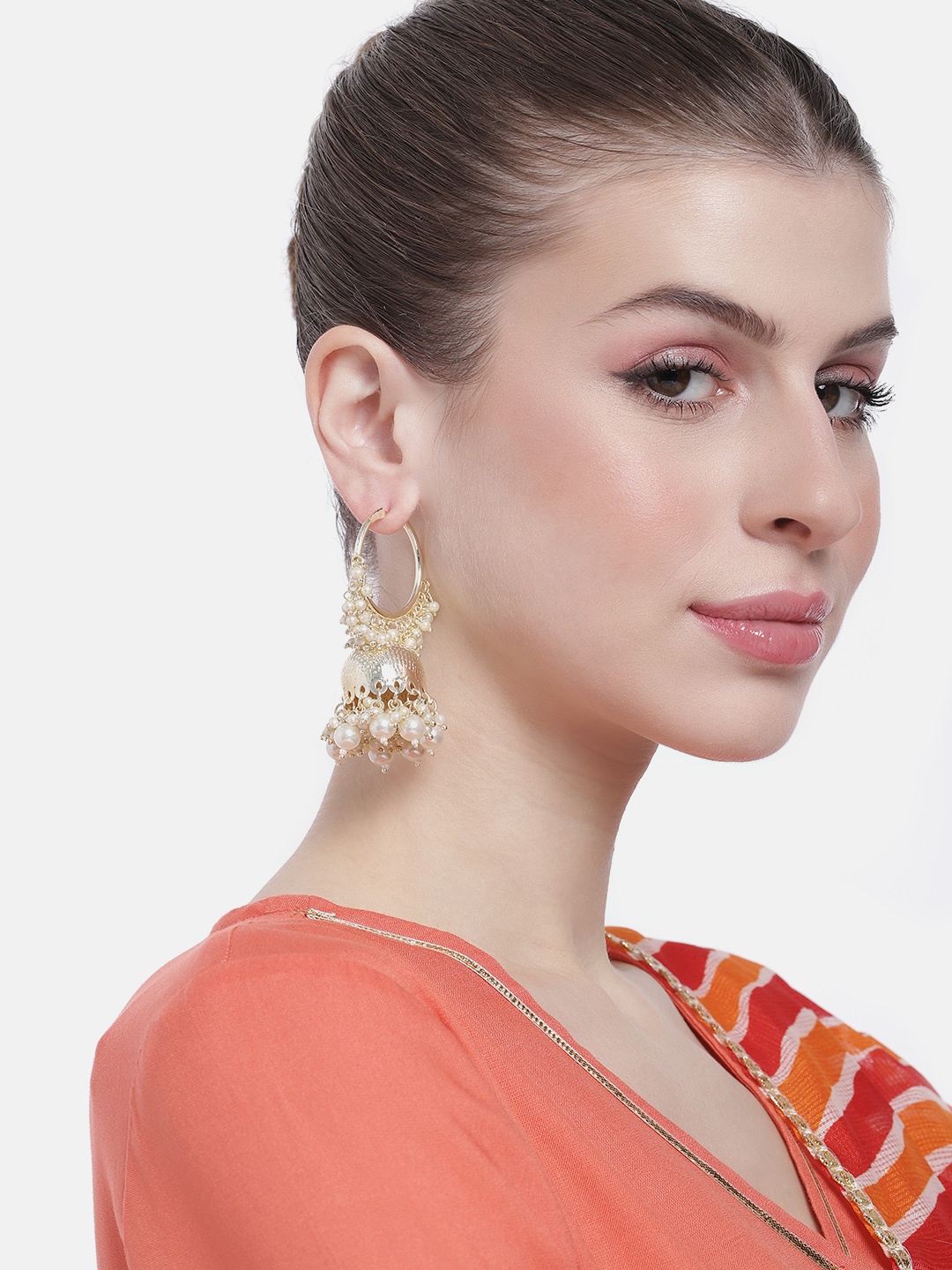 

Peora Women Gold-Plated Beaded Dome Shaped Jhumkas Earrings, Off white