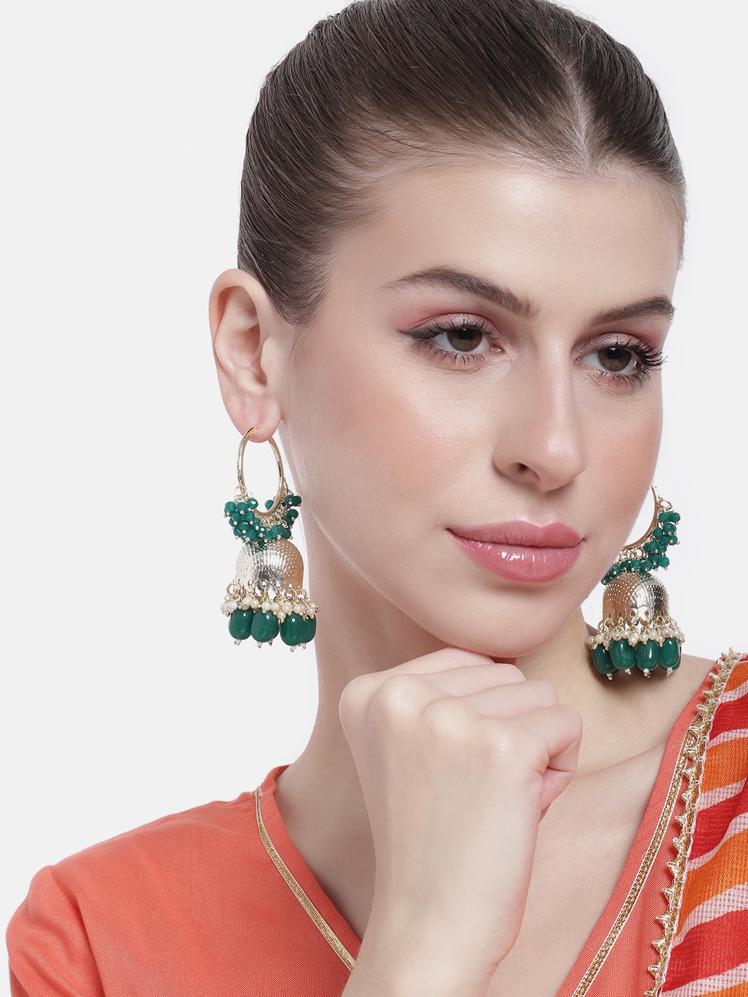 

Peora Women Gold-Plated Beaded Dome Shaped Jhumkas Earrings, Green
