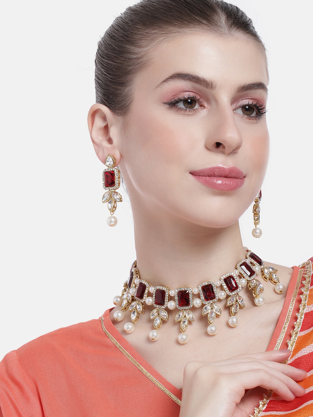 

Peora Women Gold-Plated Kundan Studded Necklace with Earrings, Maroon