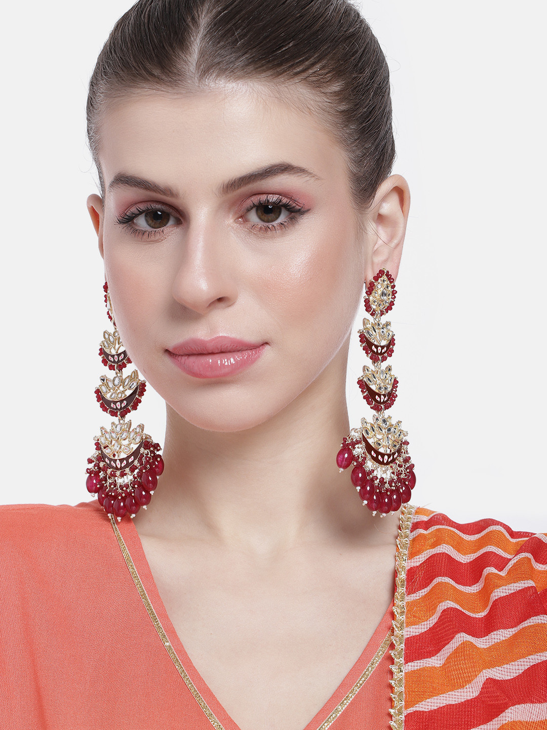 

Peora Women Gold-Plated Kundan Studded & Beaded Contemporary Drop Earrings, Maroon