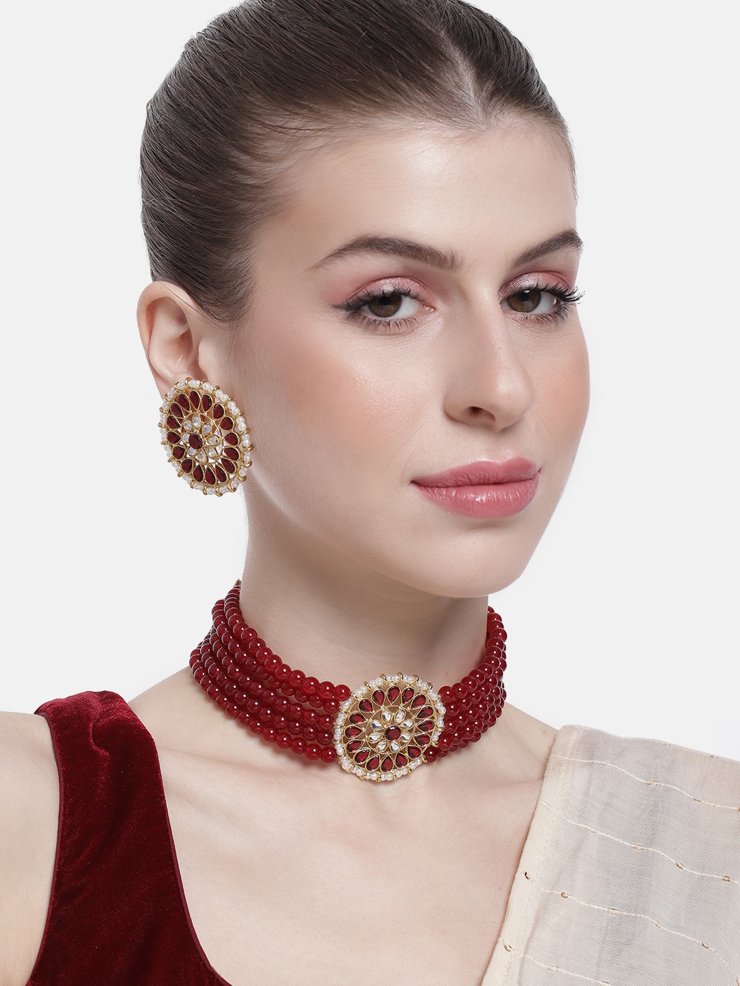 

Peora Women Gold-Plated Kundan Studded Choker Layered Necklace with Earrings, Maroon