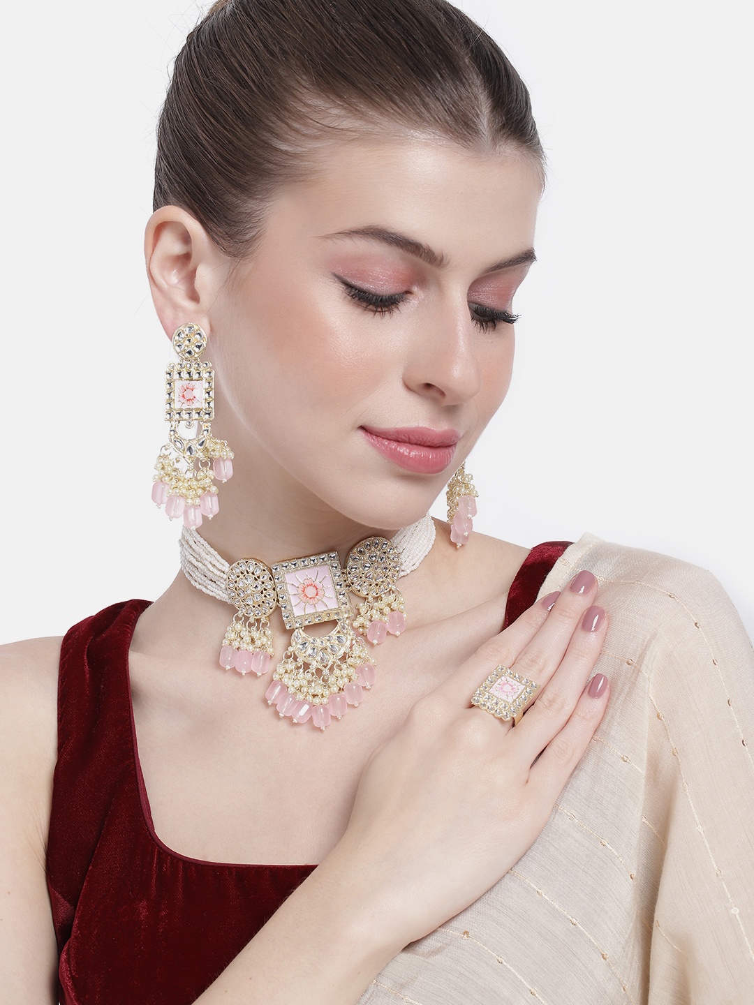 

Peora Gold-Plated Kundan-Studded Jewellery Set, Pink