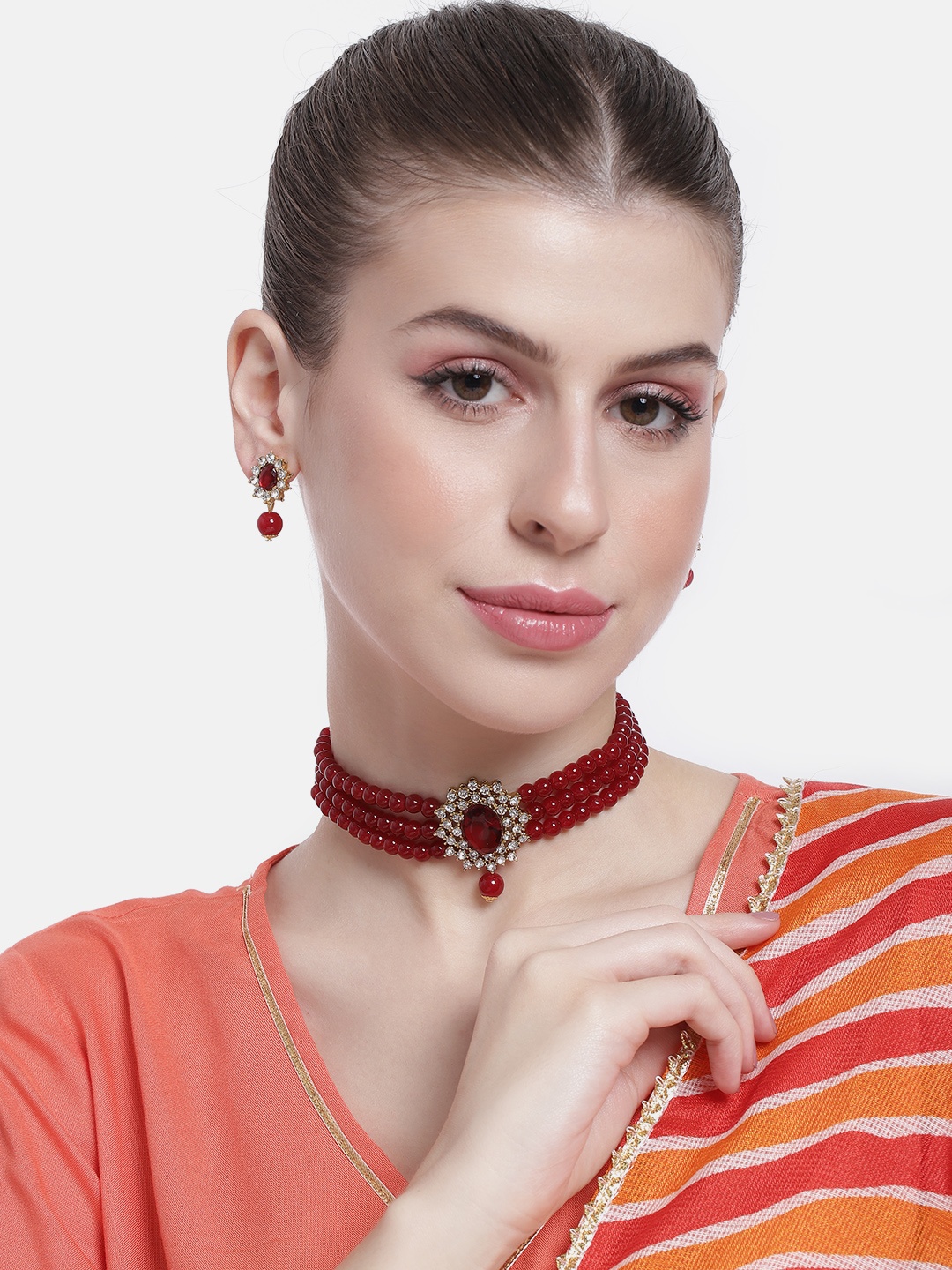 

Peora Women Gold-Plated Kundan Studded Layered Choker Necklace with Earrings & Maangtikka, Maroon