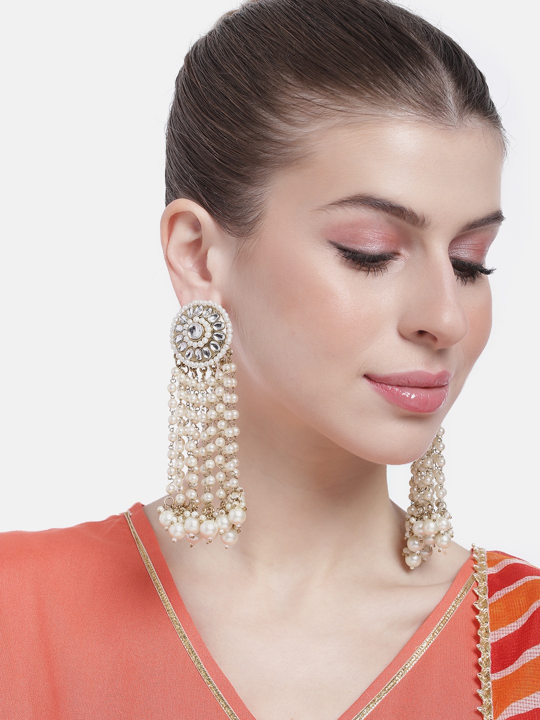 

Peora Women Gold-Plated Kundan Studded & Beaded Tasselled Drop Earrings, White