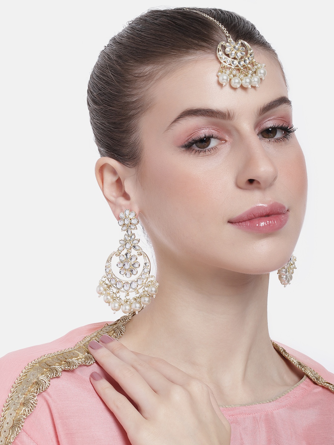 

Peora Women Gold-Plated Kundan Studded Dangle Earrings with Maangtikka Set, White