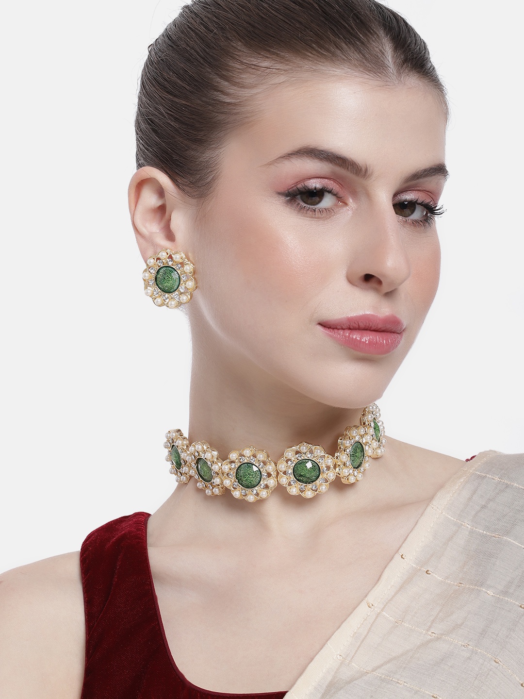 

Peora Women Gold-Plated Kundan Studded Choker Necklace with Earrings, Green