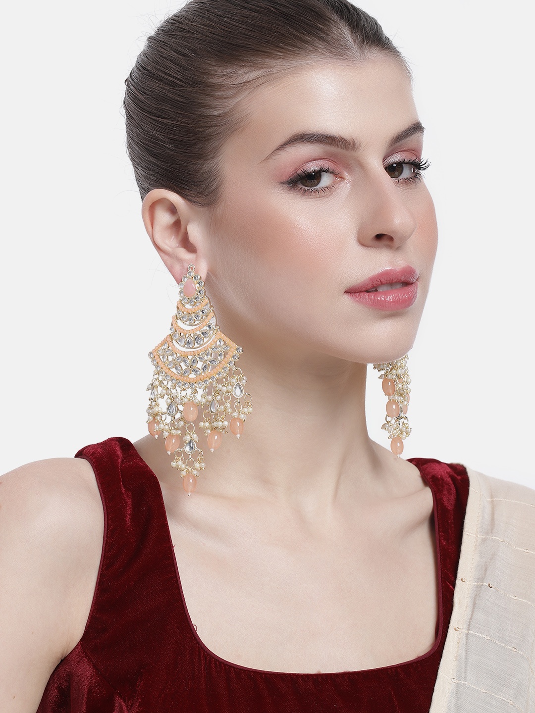 Peora Women Gold-Plated Kundan Studded Contemporary Jhumkas Earrings, Pink