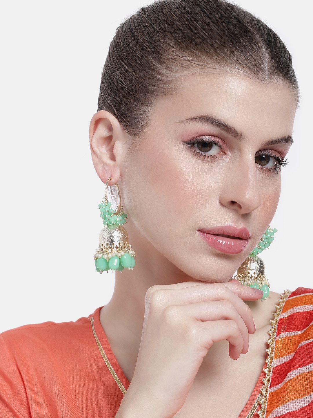 

Peora Women Gold-Plated Beaded Dome Shaped Jhumkas Earrings, Green