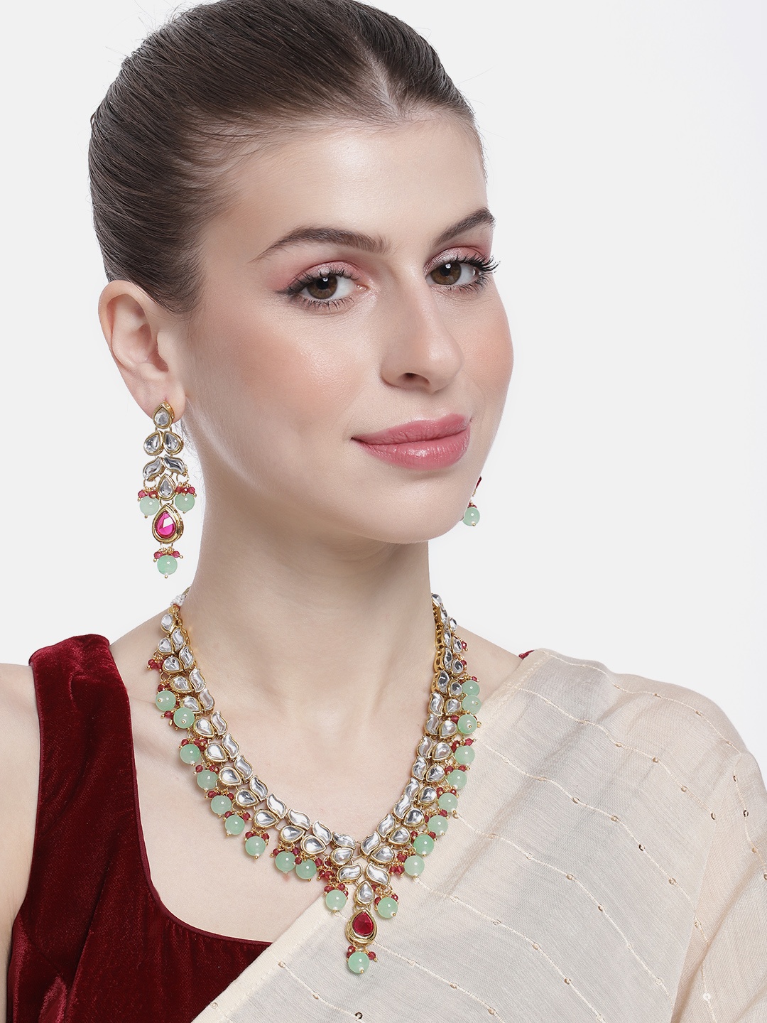 

Peora Women Gold-Plated Kundan Studded Necklace with Earrings, Red