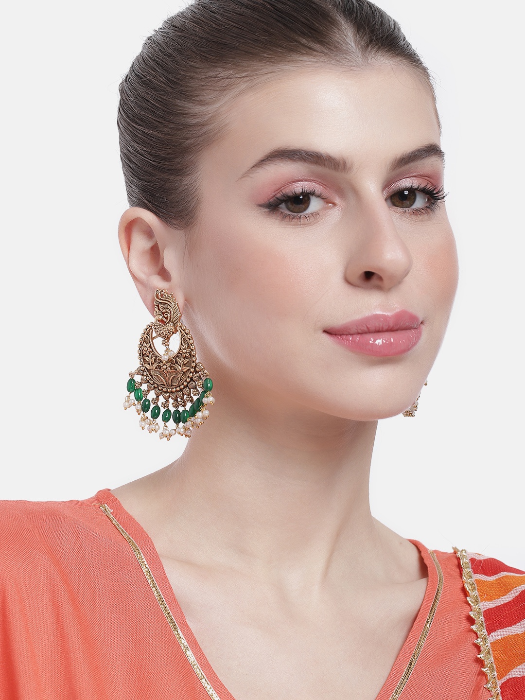 

Peora Women Gold-Plated Beaded Crescent Shaped Chandbalis Earrings, Green