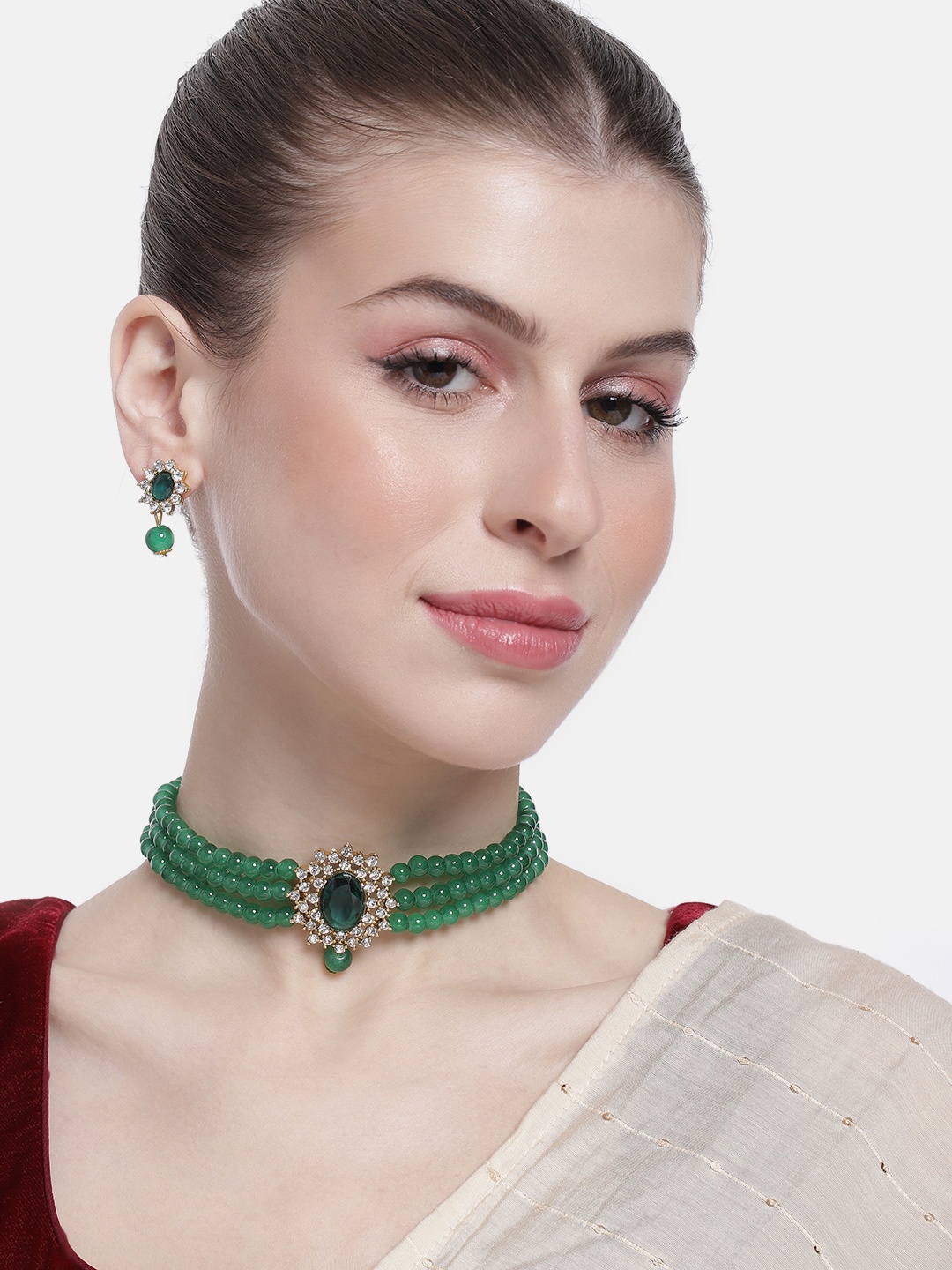 

Peora Women Gold-Plated Kundan Studded Layered Necklace with Earrings, Green