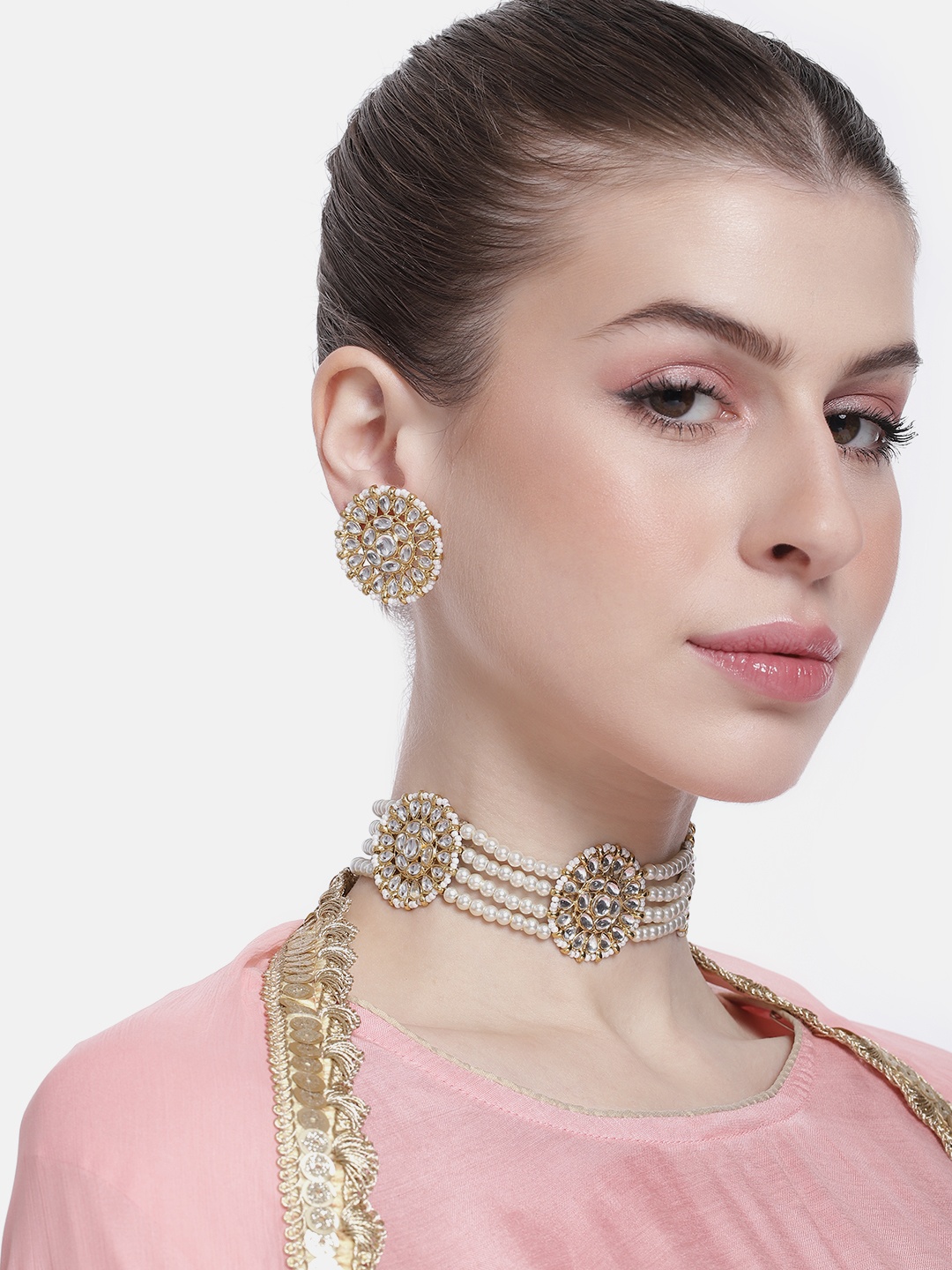 

Peora Gold-Plated Kundan-Studded & Beaded Jewellery Set, White