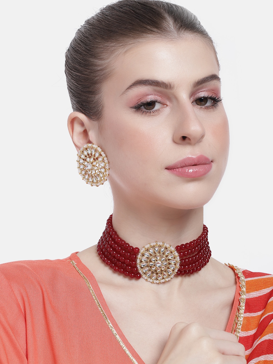 

Peora Women Gold-Plated Kundan Studded Choker Necklace with Earrings, Maroon
