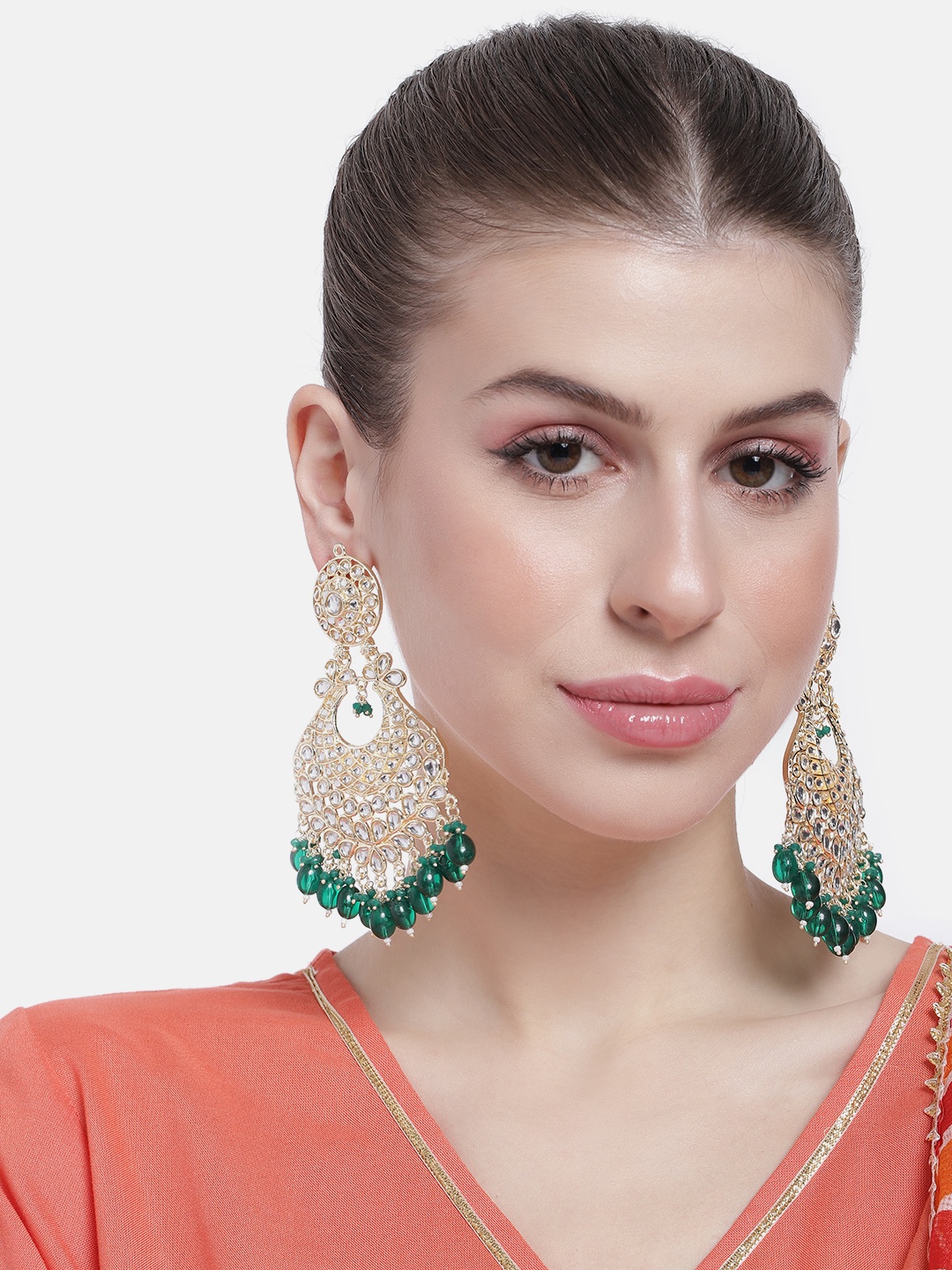 

Peora Women Gold-Plated Beaded Crescent Shaped Chandbalis Earrings, Green