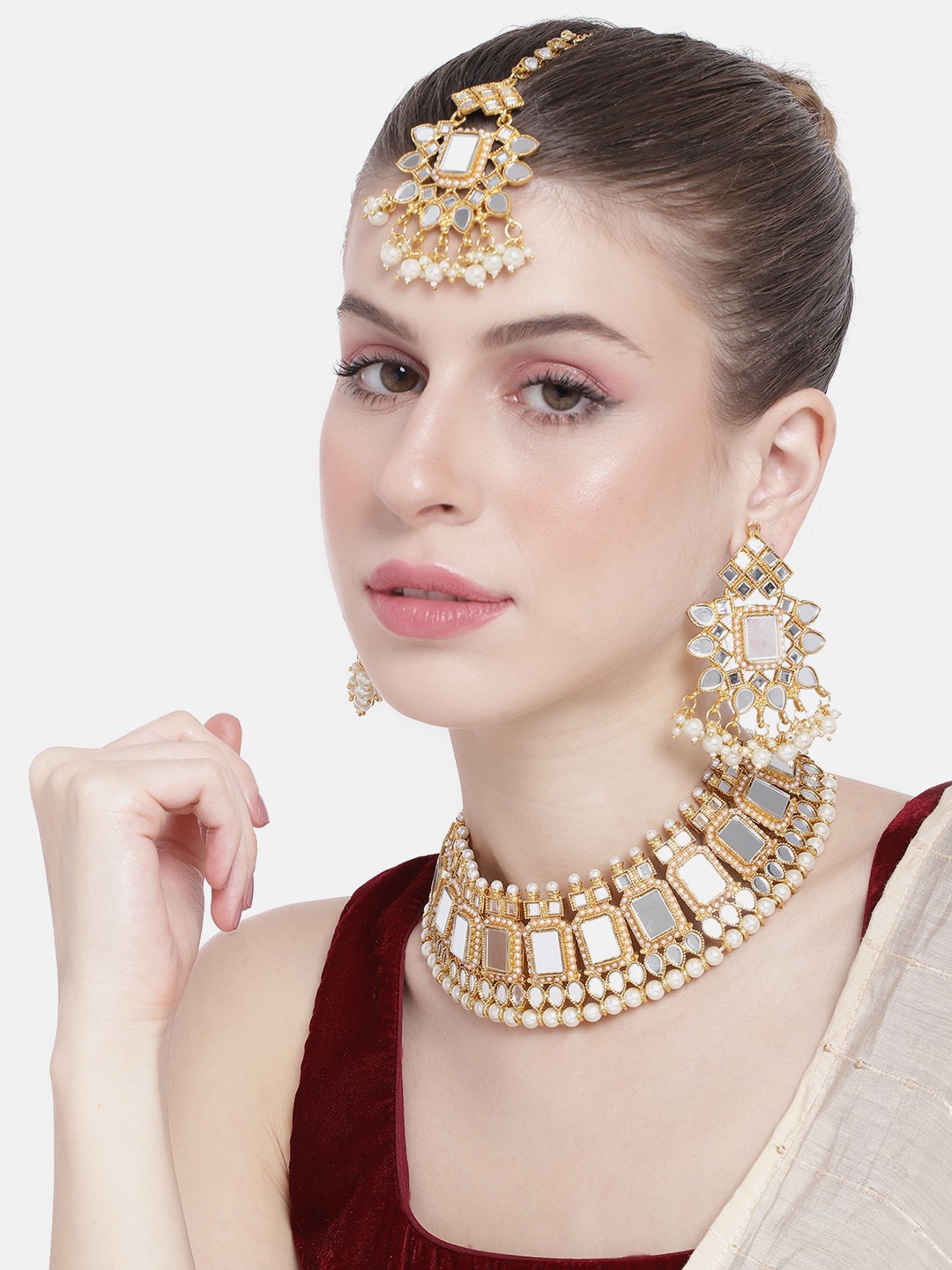 

Peora Women Gold-Plated Kundan Studded Dangle Earrings with Necklace & Maangtikka Set, White