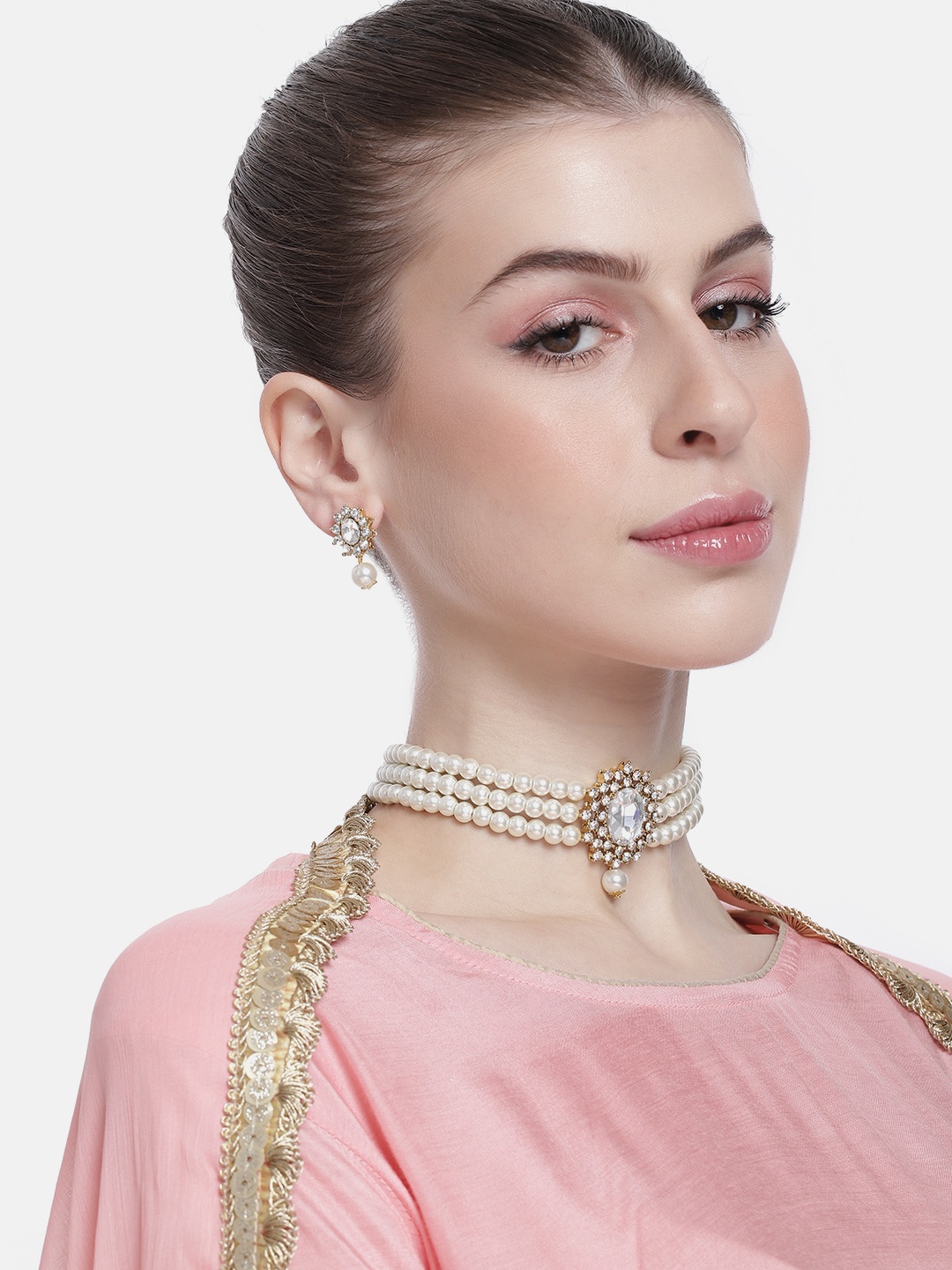 

Peora Women Gold-Plated Kundan Studded & Beaded Layered Choker Necklace with Earrings, White