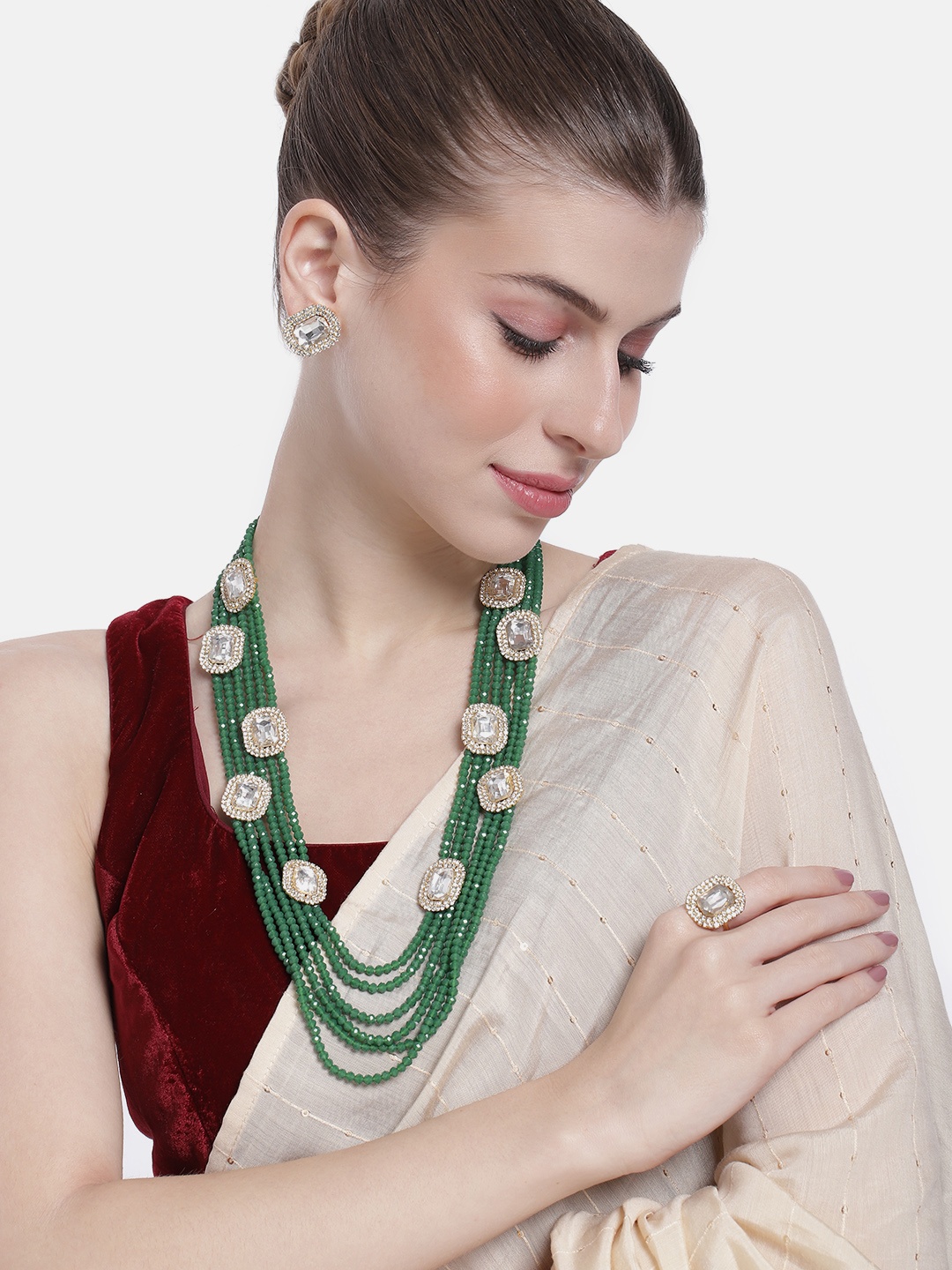 

Peora Women Gold-Plated Beaded Layered Necklace with Earrings and Maangtikka, Green