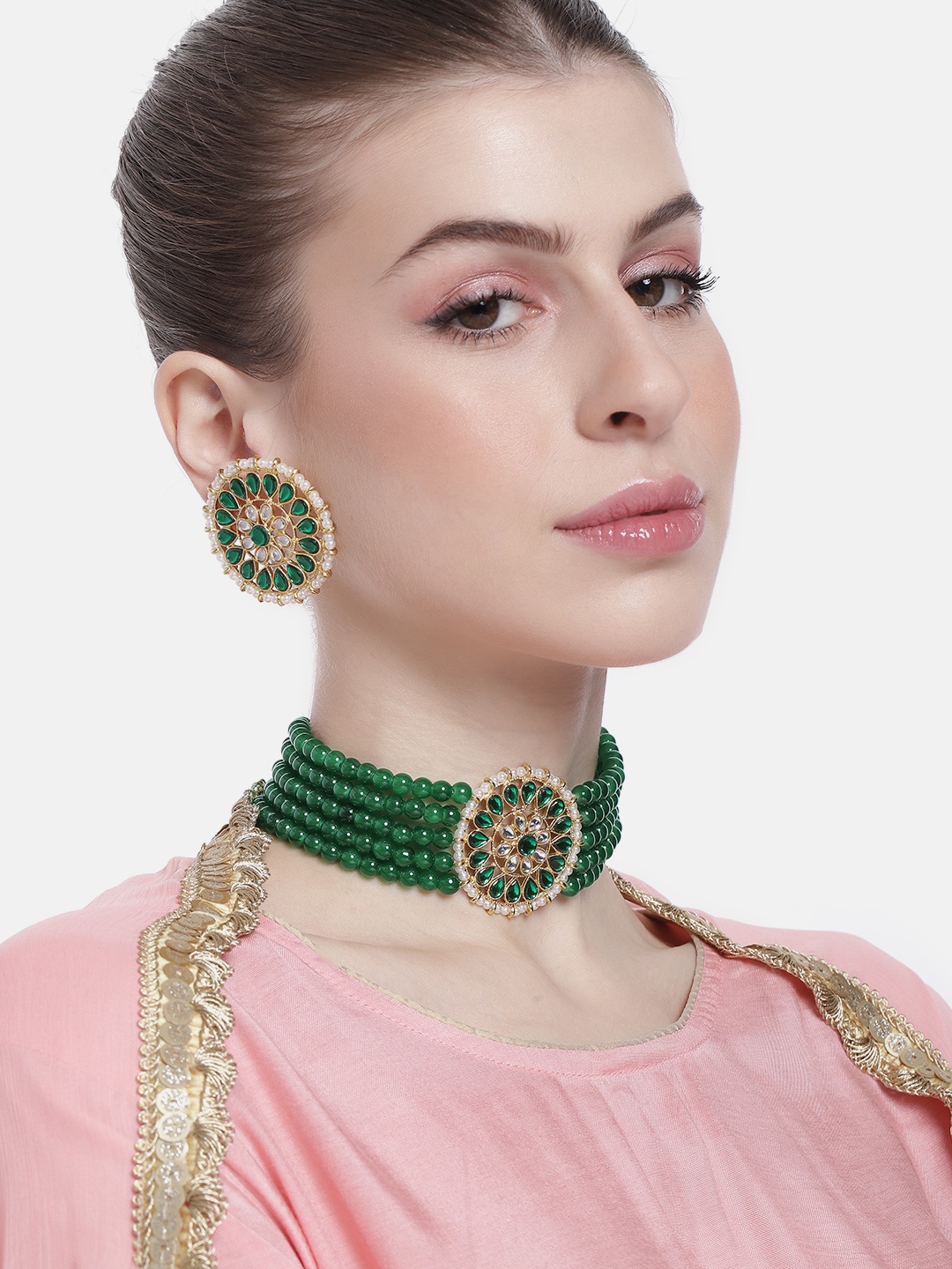 

Peora Gold-Plated Kundan-Studded & Beaded Jewellery Set, Green