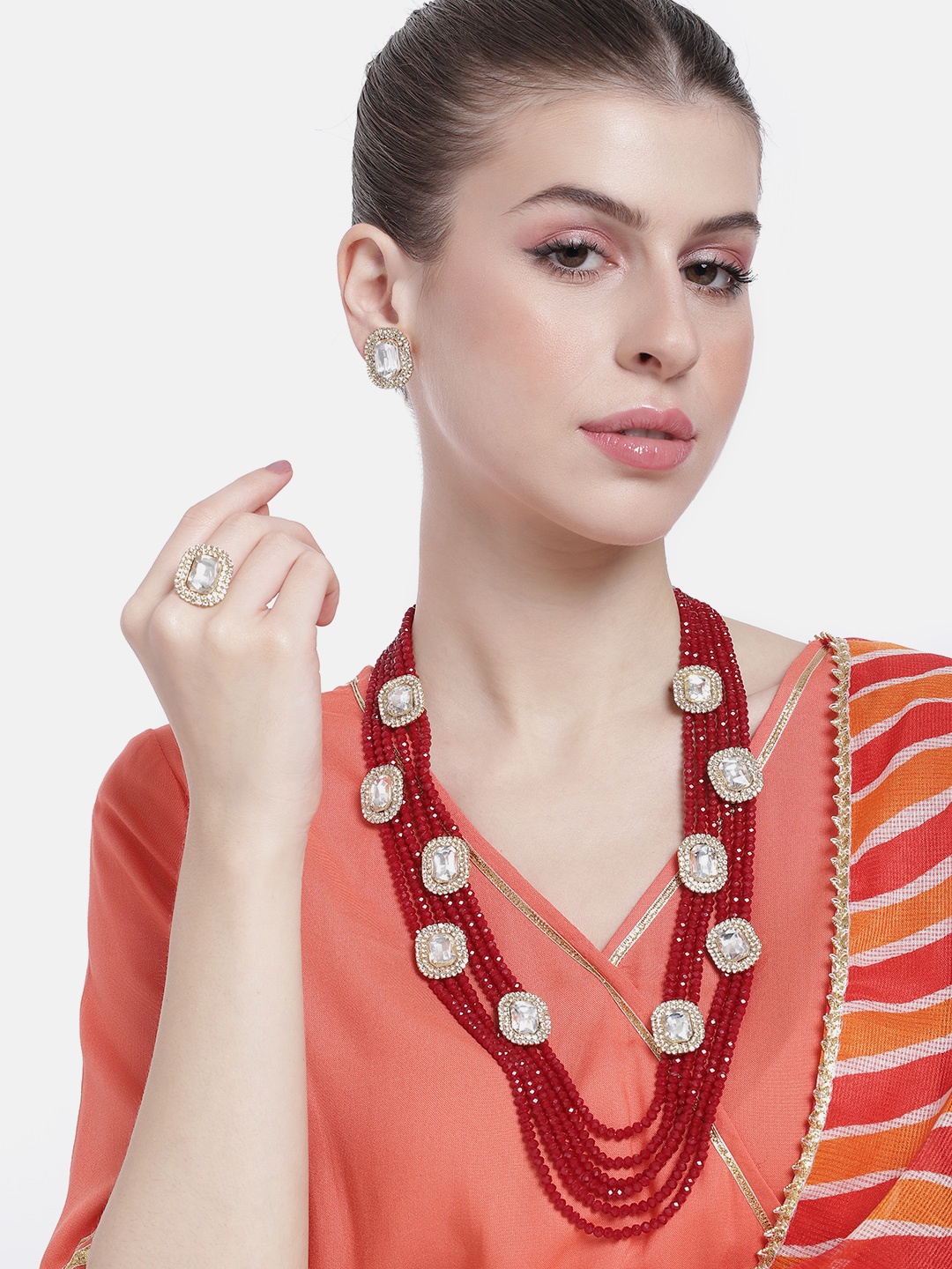 

Peora Women Gold-Plated Beads Studded Layered Necklace with Earrings, Maroon