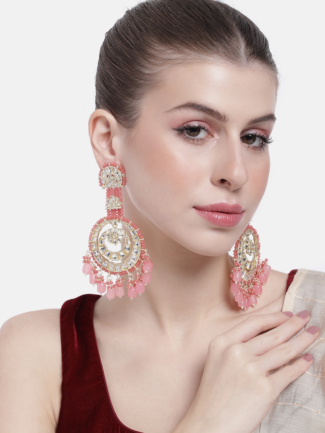 

Peora Women Gold-Plated Beaded Contemporary Drop Earrings, Peach