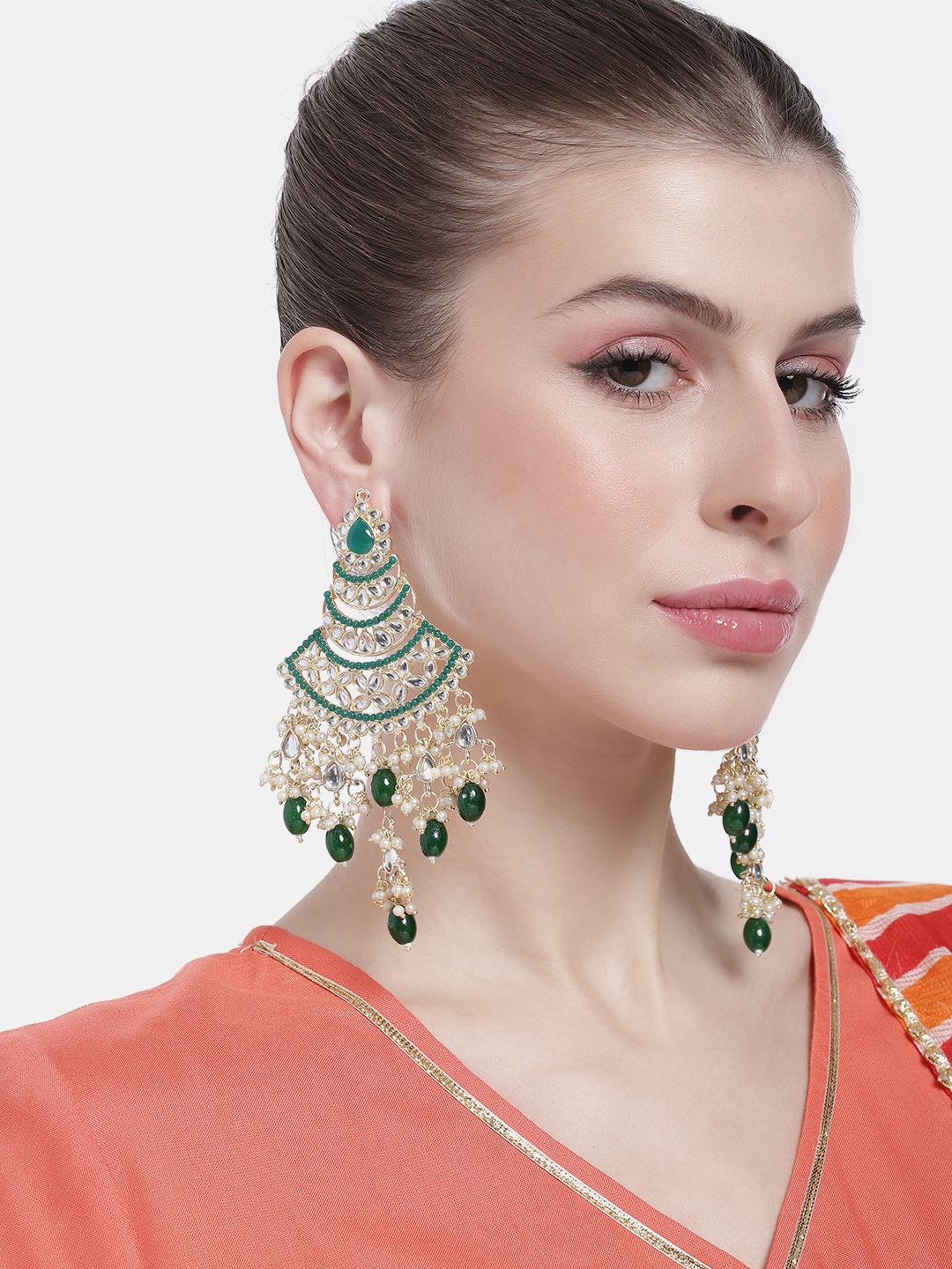 

Peora Women Gold-Plated Kundan Studded Crescent Shaped Chandbalis Earrings, Green