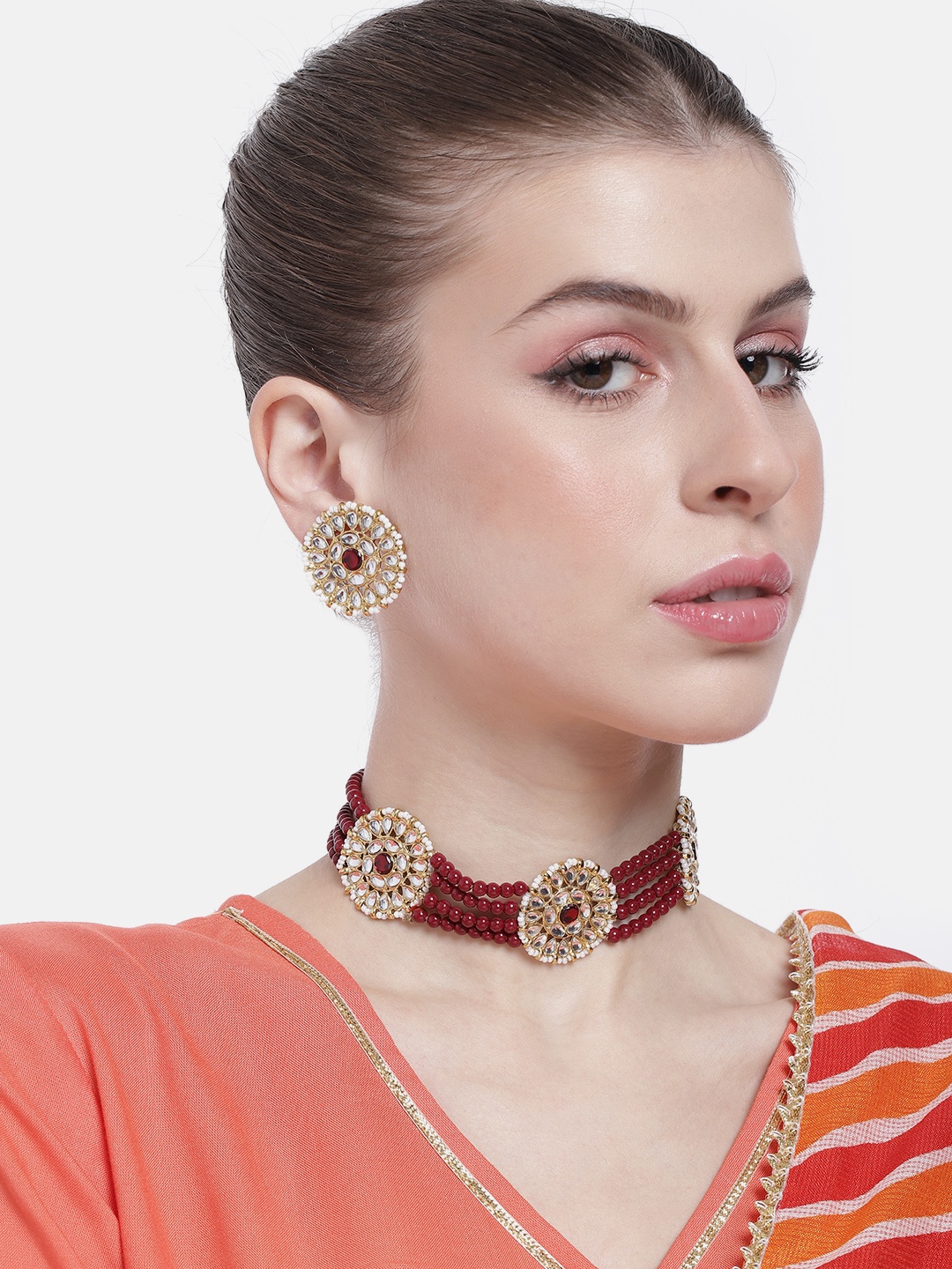 

Peora Women Gold-Plated Kundan Studded Layered Choker Necklace with Earrings, Maroon