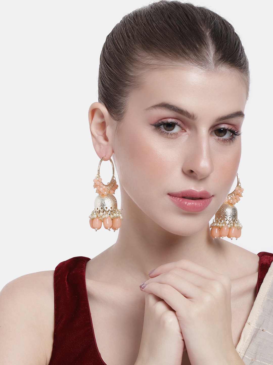 

Peora Women Gold-Plated Beaded Dome Shaped Jhumkas Earrings, Peach
