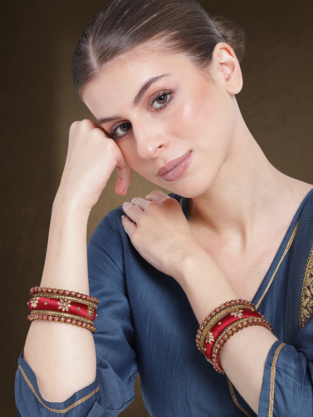 

Peora Women Gold-Plated 10Pcs Thread Work & Stone Studded Metal Bangles Set, Maroon