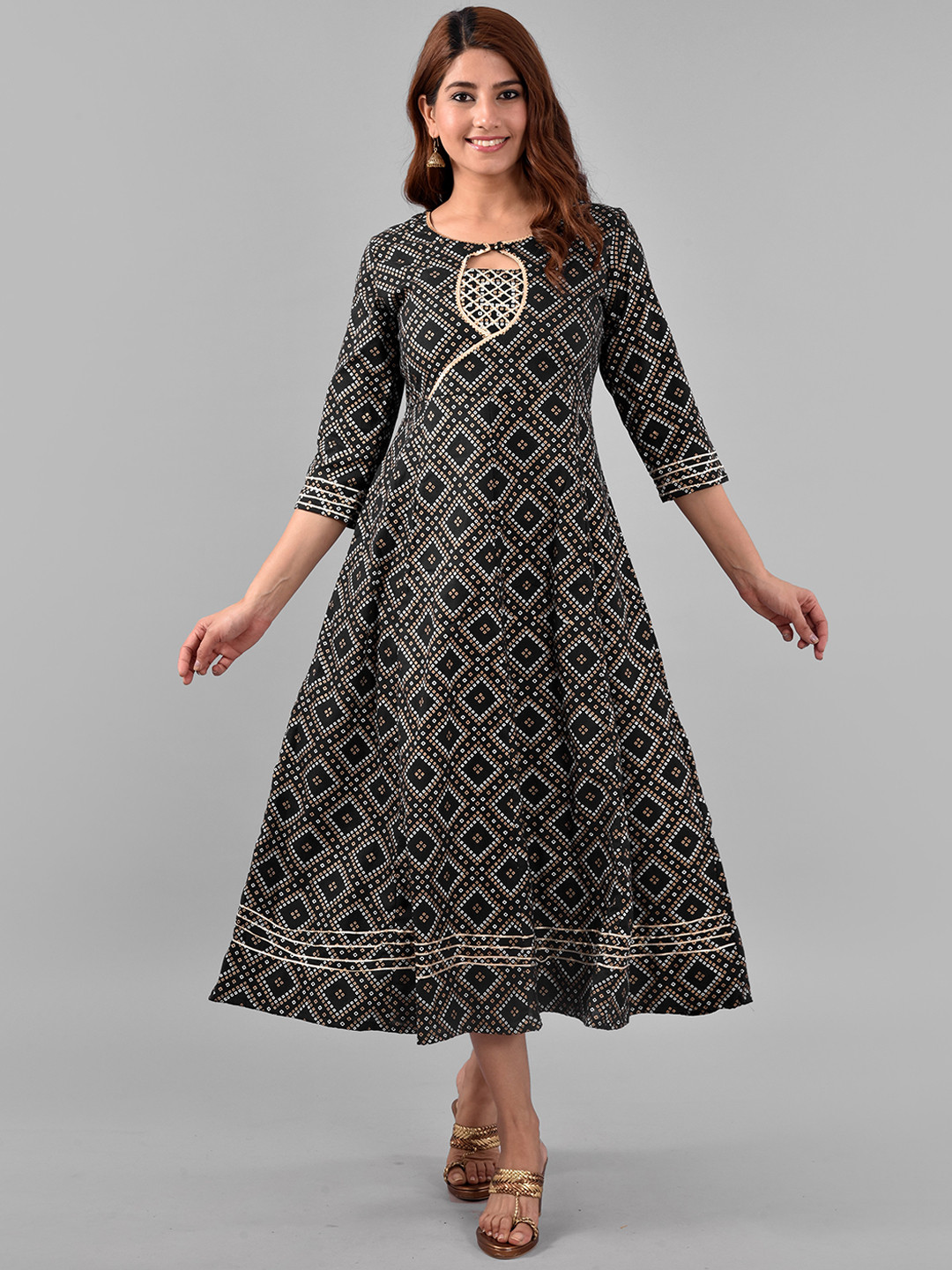 

KALINI Geometric Printed Cut-Out Detailed Fit & Flare Midi Ethnic Dress, Black