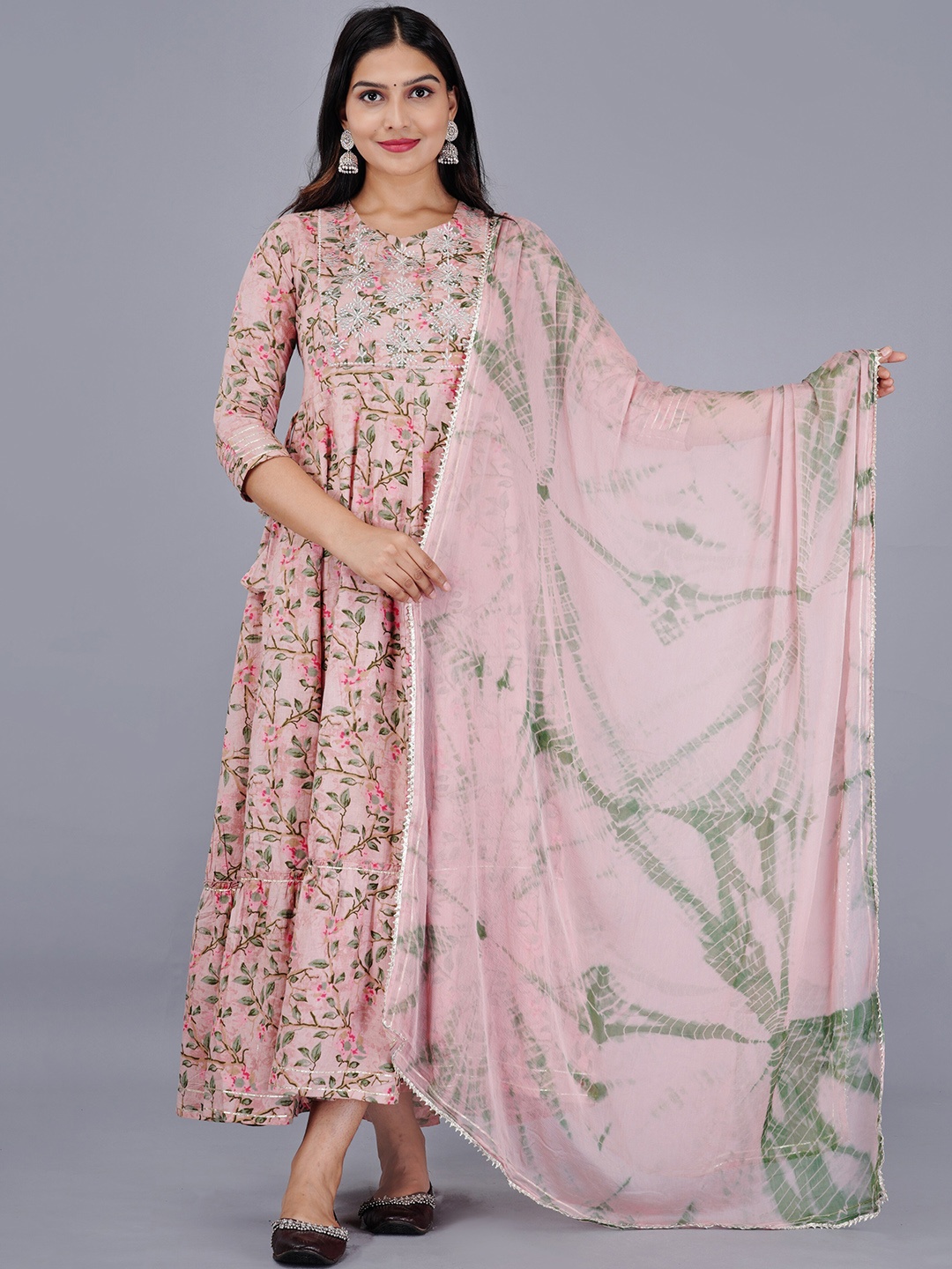 

KALINI Floral Printed Fit & Flare Ethnic Dress with Dupatta, Pink