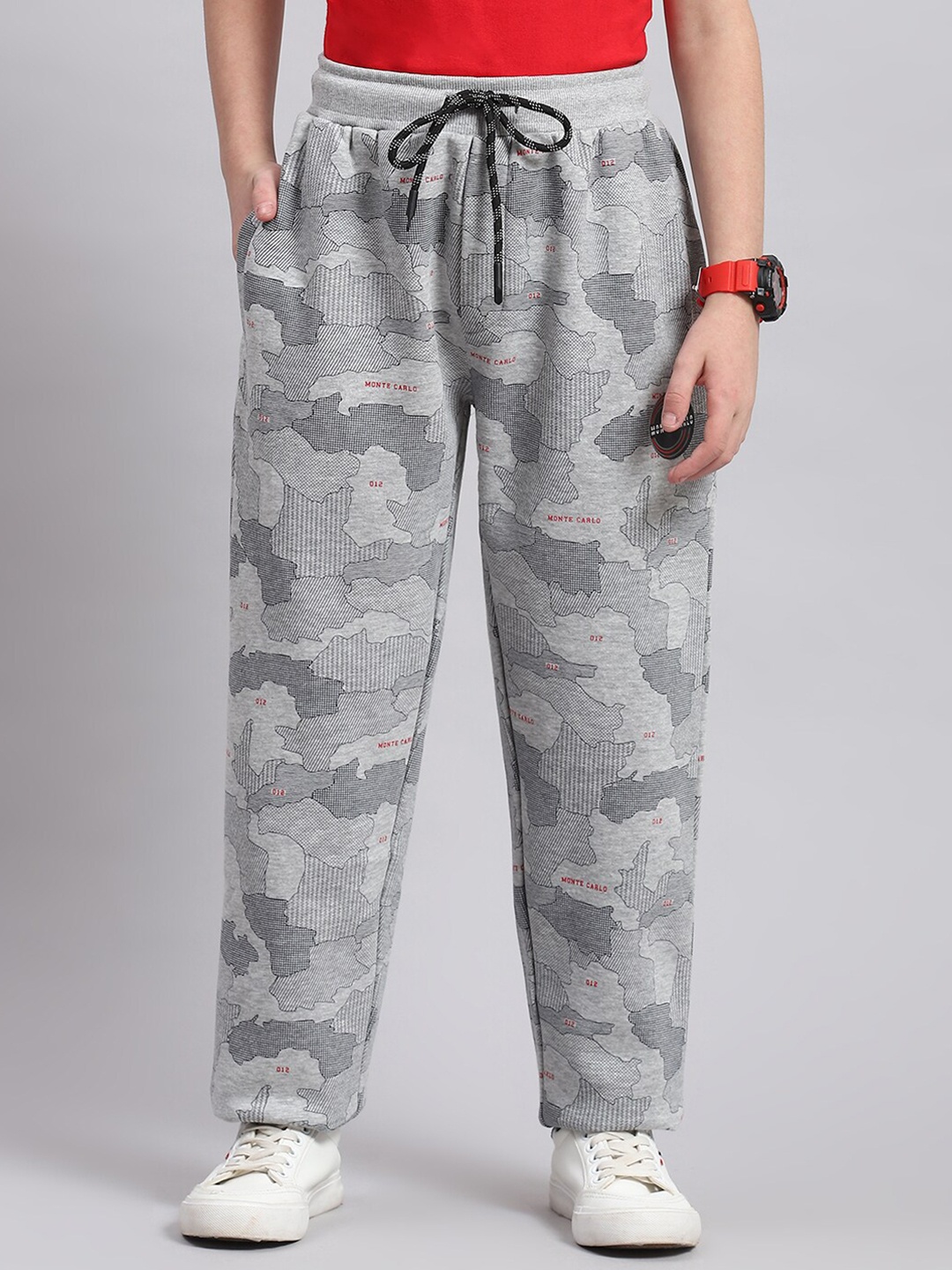 

Monte Carlo Boys Camouflage Printed Mid-Rise Track Pants, Grey melange