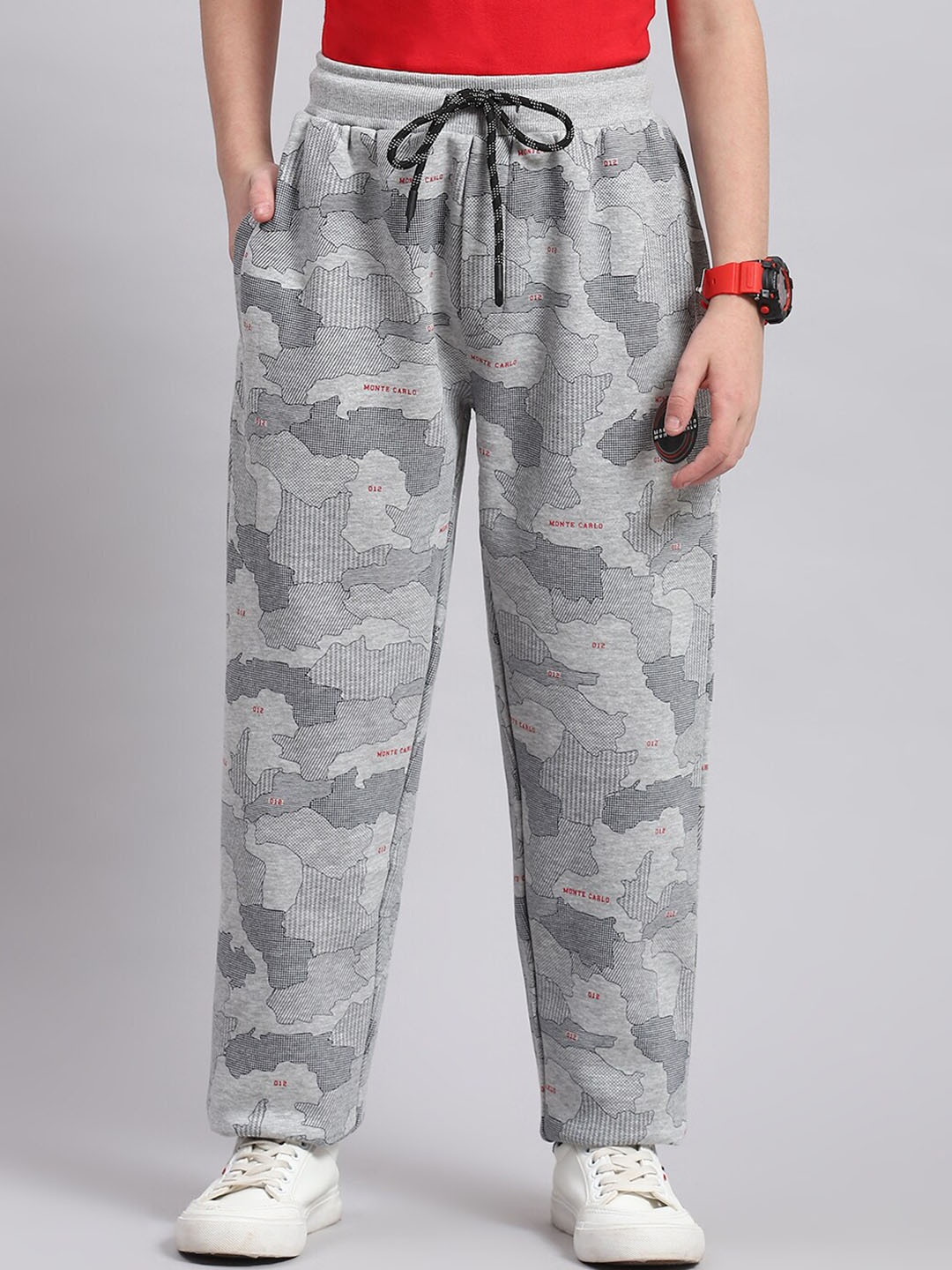 

Monte Carlo Boys Camouflage Printed Mid-Rise Track Pants, Grey melange