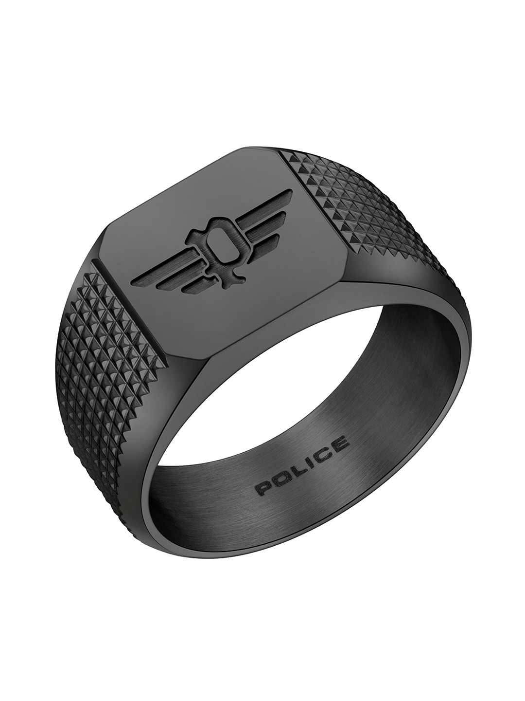

Police Men Signet P Wing Logo Stainless Steel Finger Ring, Grey