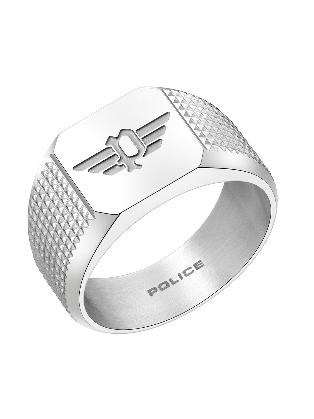 

Police Men Silver-Plated Signet P Wing Logo Stainless Steel Finger Ring