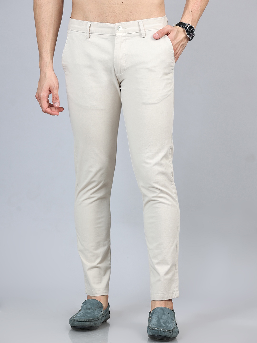 

Bushirt Men Smart Slim Fit Pure Cotton Chinos Trousers, Cream