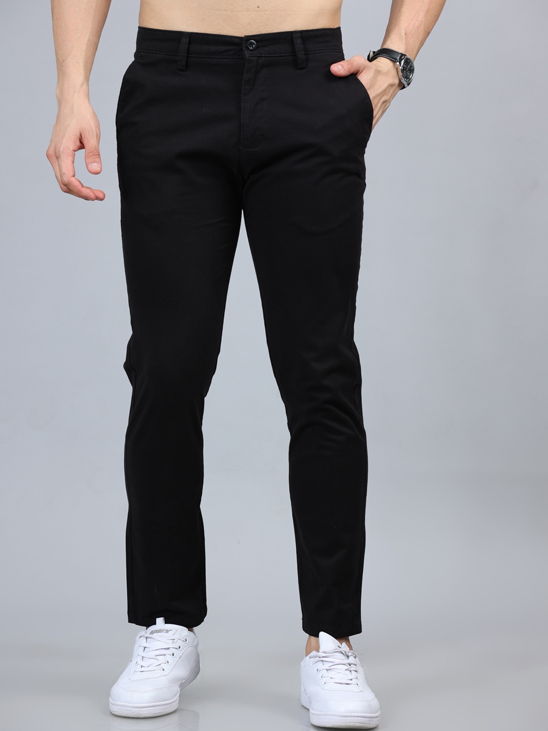 

Bushirt Men Smart Slim Fit Pure Cotton Chinos Trousers, Black