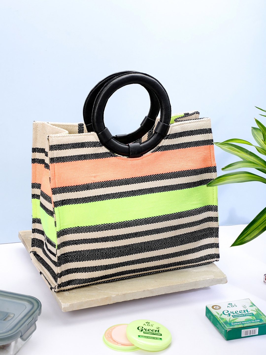 

ALII AND ALIIZEY Striped Shopper Jacquard Handheld Bag, Green