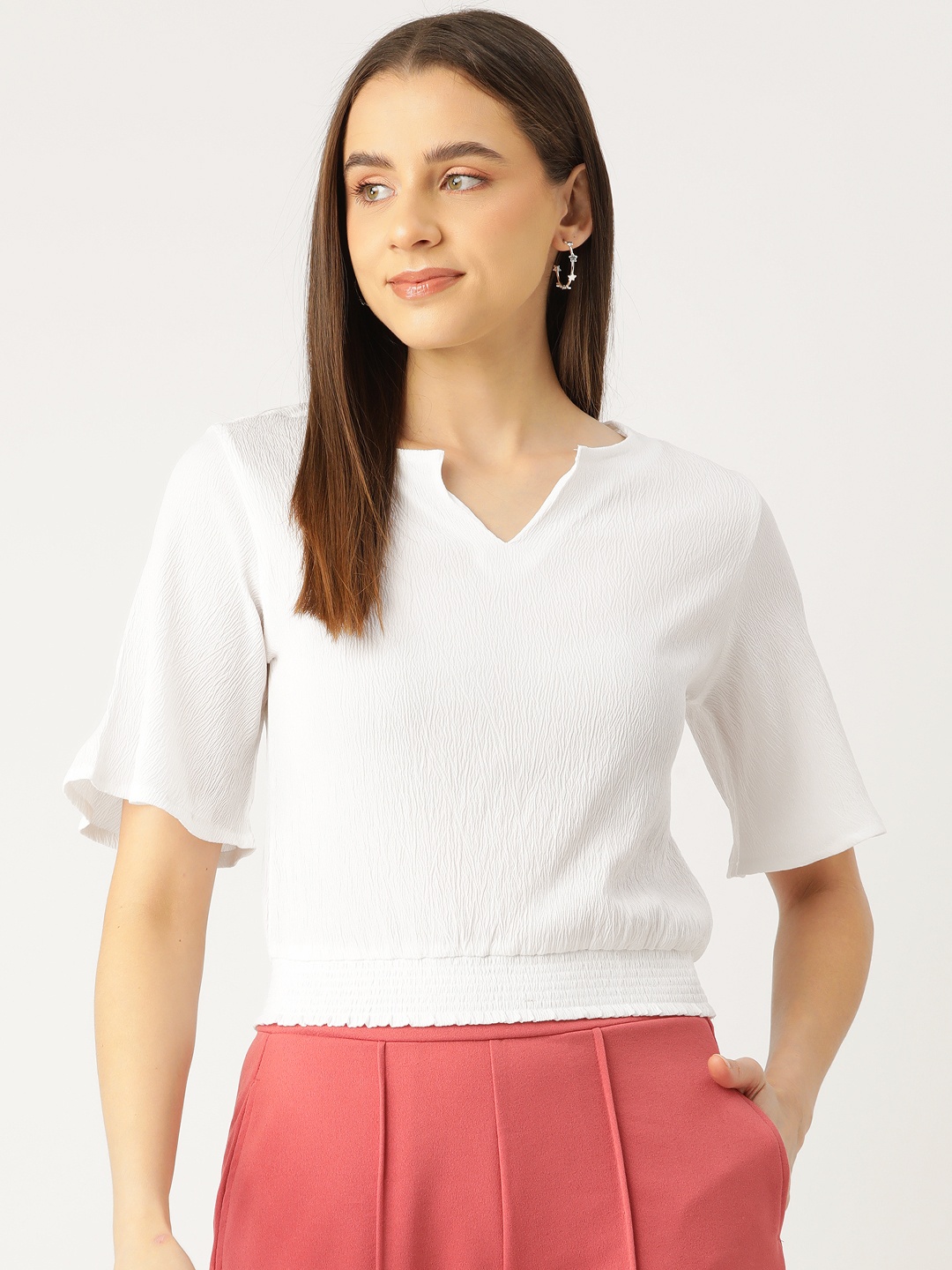 

WISSTLER Flared Sleeve Smocked Crepe Cinched Waist Top, White