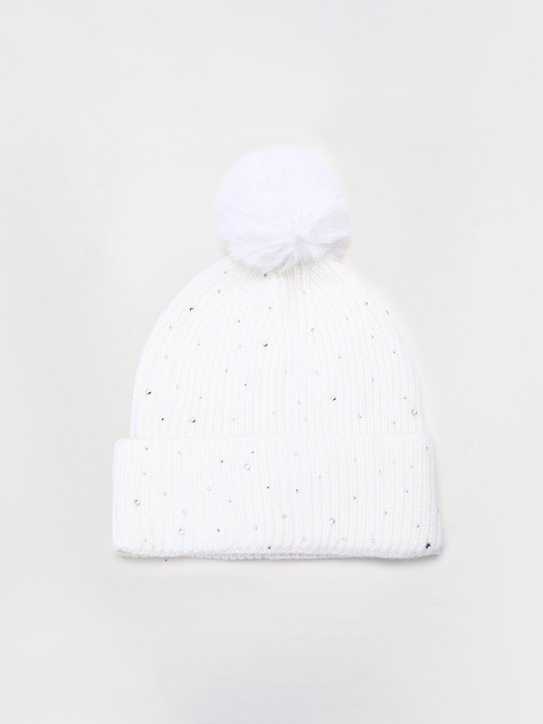 

max Girls Self Design Pure Acrylic Pom Pom Beads Beanie Cap, White