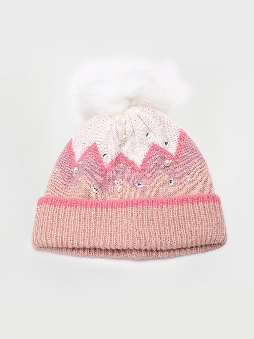 

max Girls Self Design Pure Acrylic Pom Pom Beads Beanie Cap, Peach