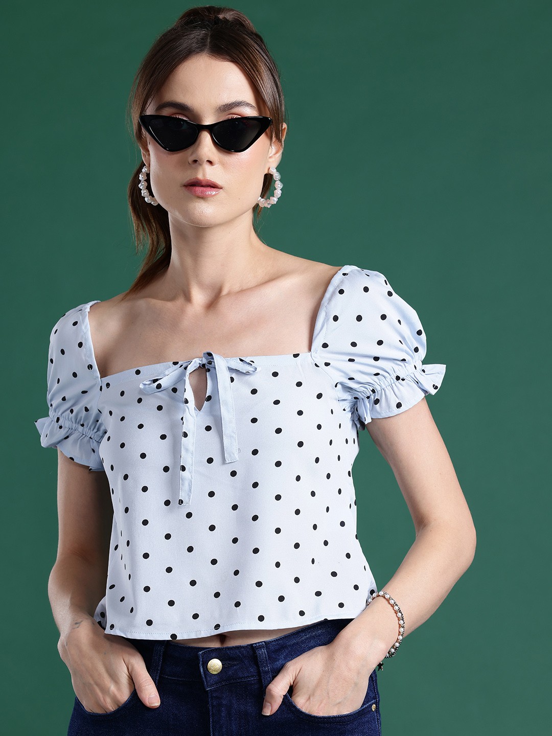 

DressBerry Polka Dots Printed Puff Sleeve Crop Top, Blue
