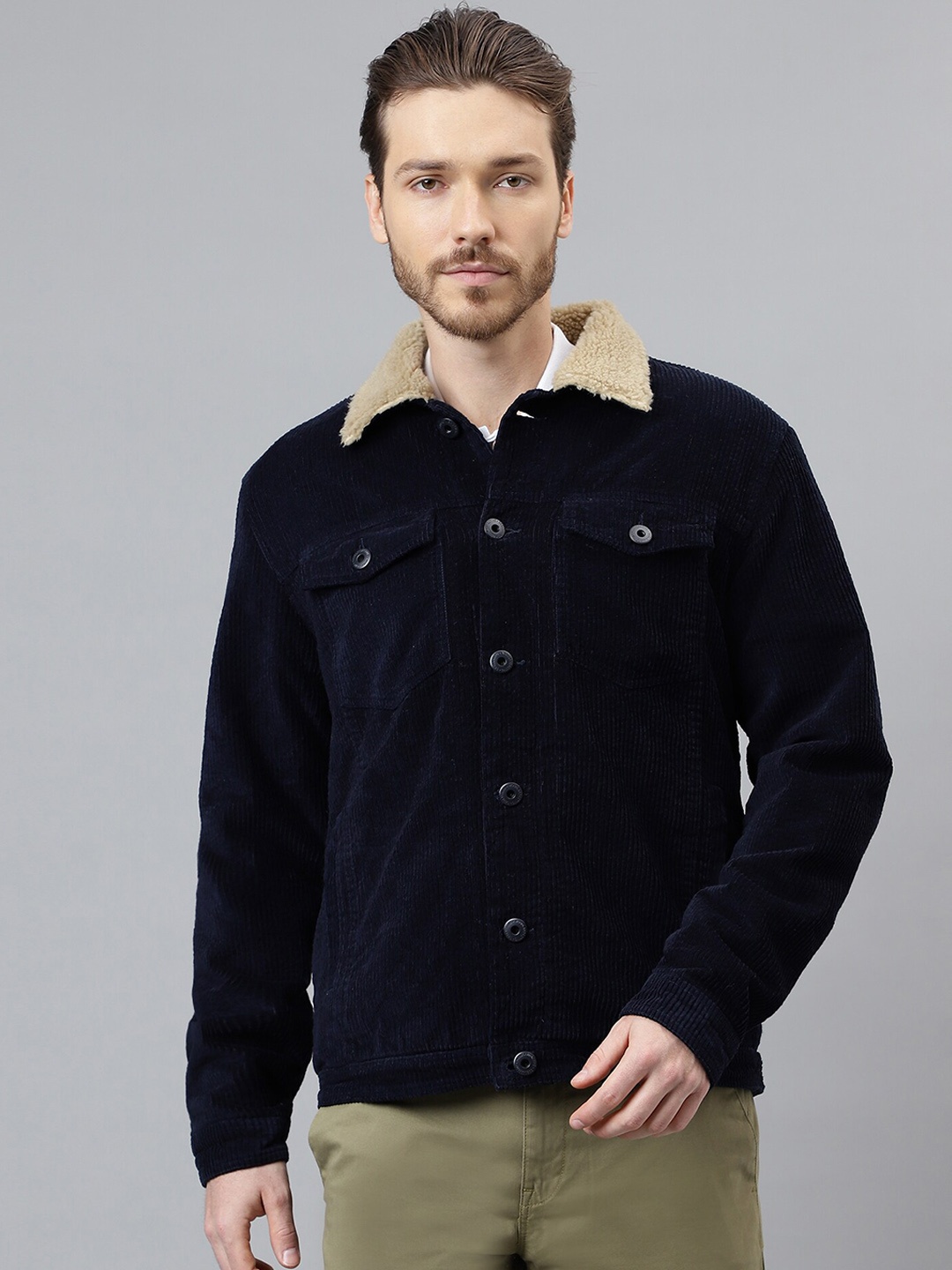 

Woodland Spread Collar Pure Cotton Tailored Jacket, Navy blue