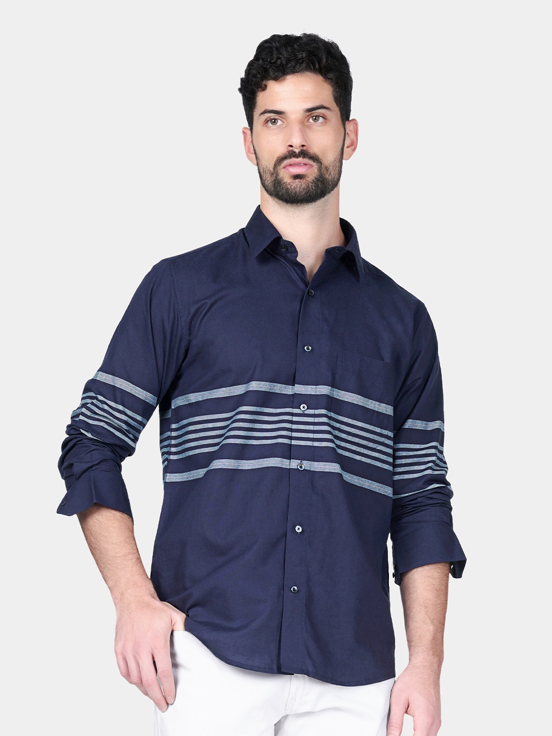 

FRENCH CROWN Striped Standard Cotton Casual Shirt, Blue