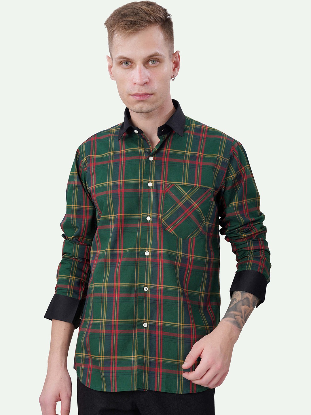 

FRENCH CROWN Tartan Checks Standard Cotton Casual Shirt, Green