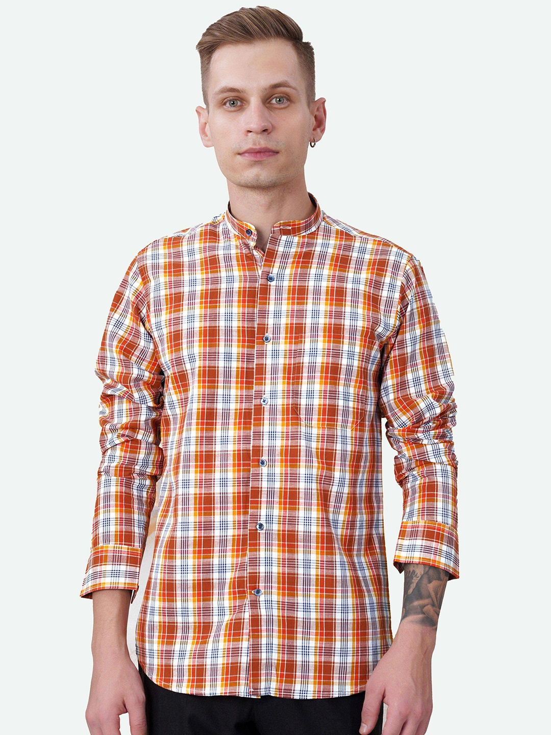 

FRENCH CROWN Standard Checked Mandarin Collar Cotton Casual Shirt, Orange