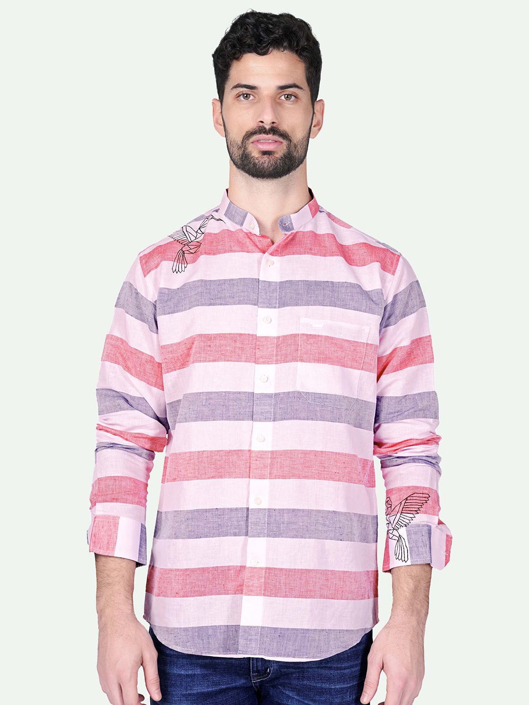 

FRENCH CROWN Standard Bird Hand Painted Horizontal Stripes Linen Casual Shirt, Pink