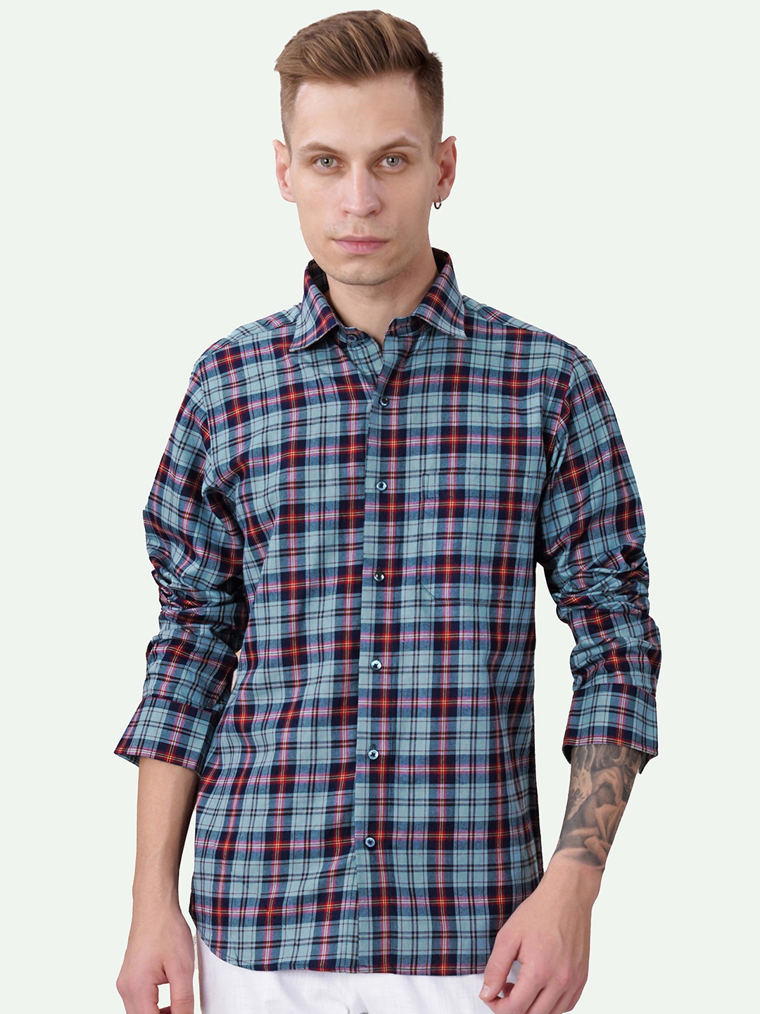 

FRENCH CROWN Standard Tartan Checked Cotton Shirt, Blue