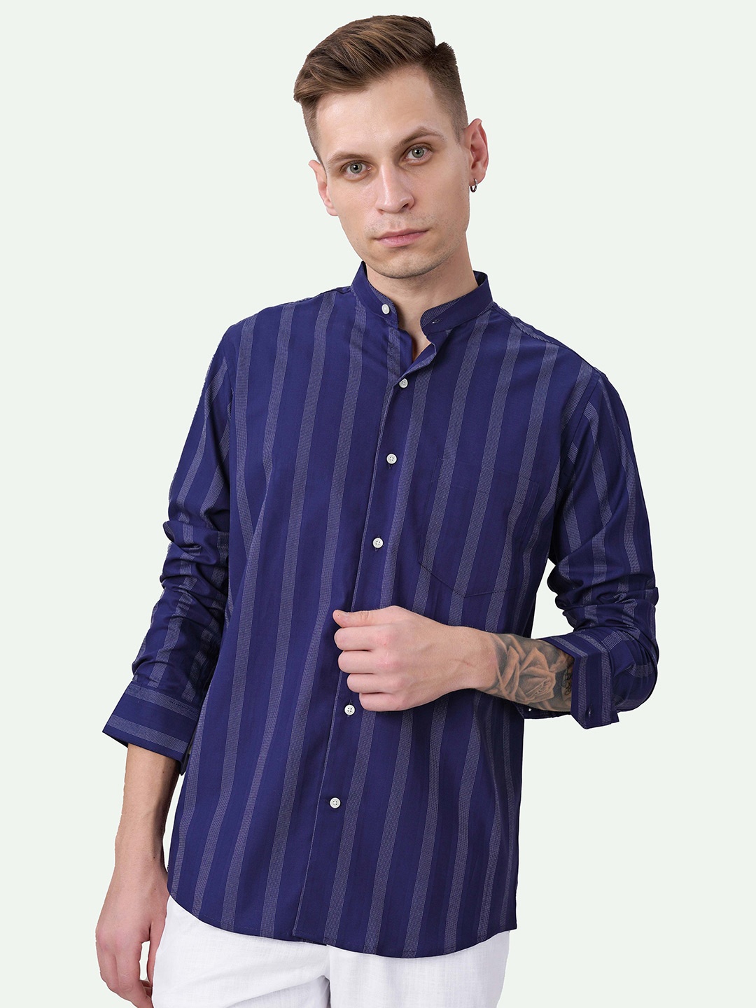 

FRENCH CROWN Standard Striped Cotton Shirt, Blue