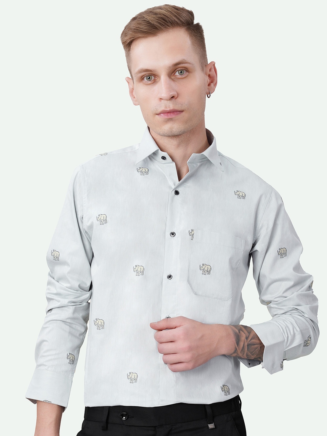 

FRENCH CROWN Standard Conversational Printed Cotton Shirt, Grey