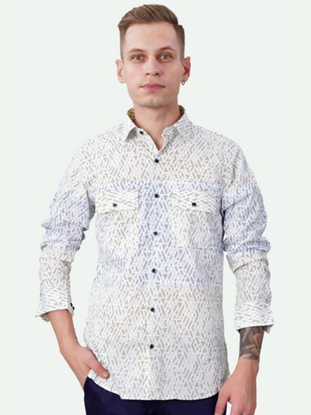 

FRENCH CROWN Standard Abstract Printed Cotton Shirt, White